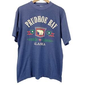 VINTAGE Mens L  Prudhoe Bay Single Stitch T-Shirt Striped Polar Bear North Slope